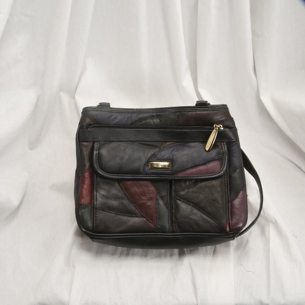 Patchwork Patent leather purse, black with burgundy, gold accents